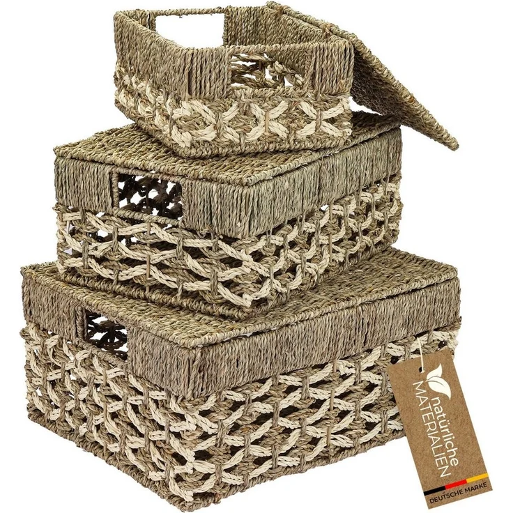 HMF Aufbewahrungskorb HMF Aufbewahrungskorb mit Deckel, 3er-Set, Korb (3 St), geflochten aus Seegras und Palmblättern, Klein, Mittel, Groß – Bild 5