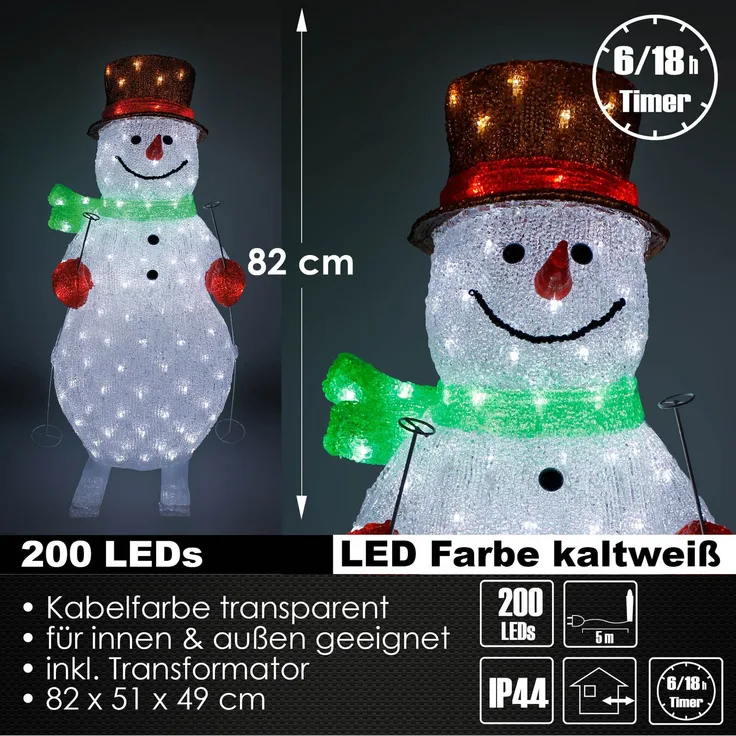 XL LED Acryl Schneemann Figur 82cm beleuchtet Weihnachtsdeko für Außen & Innen