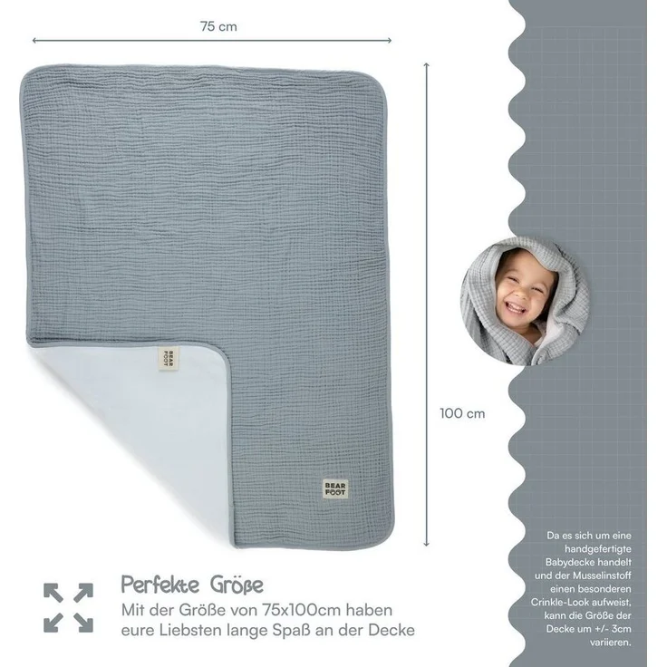 Babydecke Babydecke Musselin Fleecedecke flauschig weich - grau, BEARFOOT, flauschige Kuscheldecke, Baby, Neugeborene, Geschenk Junge & Mädchen – Bild 3