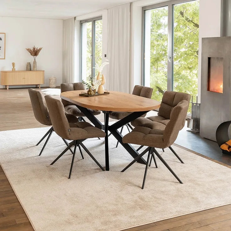 HOME DELUXE Essgruppe Oval Ausziehbar inkl. Sternfuß - 160 x 100 cm Light Oak 6 Stühle Grau / Braun