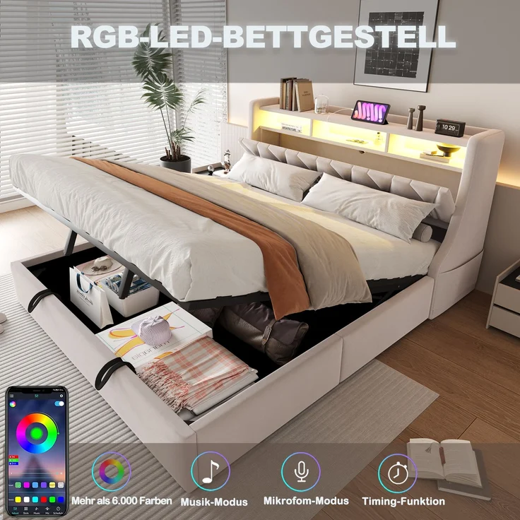U-life Polsterbett 180x200 cm, fürs Schlafzimmer, hydraulischer Stauraum, klappbar, Steckdose und Ablagefach, LED-Beleuchtung, Sperrholz, Beige – Bild 5