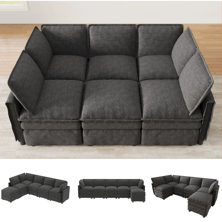 ZUBALIYA Wohnlandschaft 127x91 cm, mit Chenille - Bezug, mit Samtbezug, mit breiten Armlehnen, modular aufgebaut, Beige – Bild 1