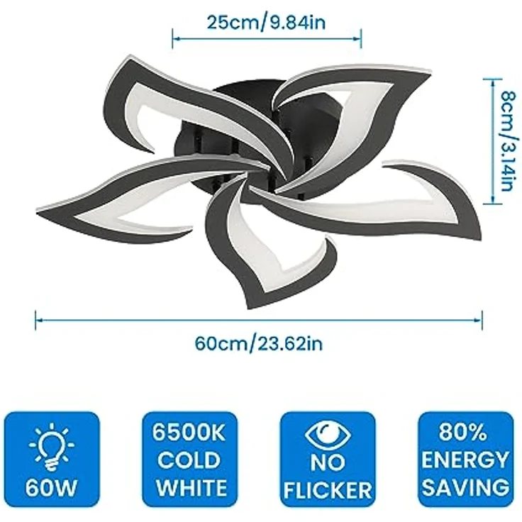 Comely Deckenlampe, LED Deckenleuchte 60W 6750lm, Kaltes Weiß 6500K Moderne Blütenblatt Design Deckenlampe für Wohnzimmer Küche Schlafzimmer Esszimmer, Dia 60cm,Schwarz – Bild 7