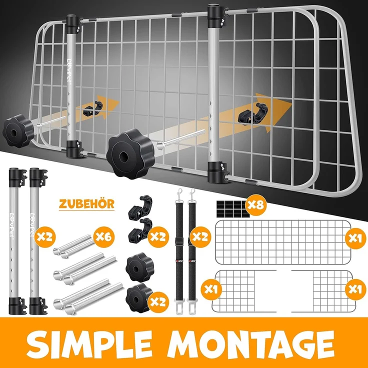 LovPet® Hundegitter Auto, Autoschutzgitter Trenngitter Universal, verstellbare Breite, Kopfstütze Kofferraum Autogitter Maße HxB 30 x 91-153 cm Kofferraumgitter,+ 2x Sicherheitsgurt für Hunde Grau – Bild 3