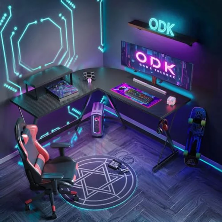 ODK Gaming Tisch, Computertisch, Gaming Schreibtisch mit runder Ecke, Gaming-Tisch mit Monitorablage (Kohlefaser Schwarz, 127x127 cm) – Bild 5