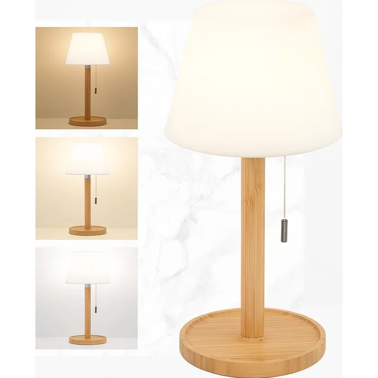LuminexDesigns Kabellos LED Tischlampe Holz – Nachttischlampe mit Zugschalter zum Umschalten von 3 Farbtemperaturen, IP54 Wasserfest, für Wohnzimmer, Schlafzimmer, Esstisch, Outdoor