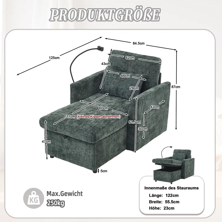 Loungesofa mit integriertem Handyhalter, großem Stauraum & Seitentaschen, Chenille Stoff-Sessel mit gepolsterten Kissen,Smaragd – Bild 10