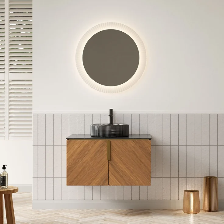 Wandhängender Bad-Waschtisch 76 x 50 x 52,6 cm mit Glasbecken, Sintersteinplatte und 2 Türen – Bild 2