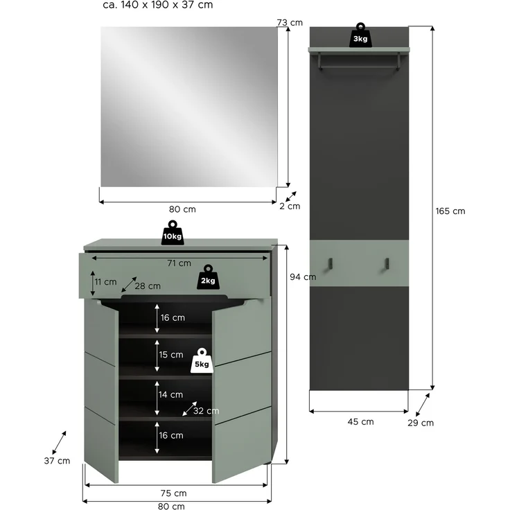 Garderobenkombination (B/H/T: 140x190x37 cm) in Smoke Green Nachbildung – Bild 4