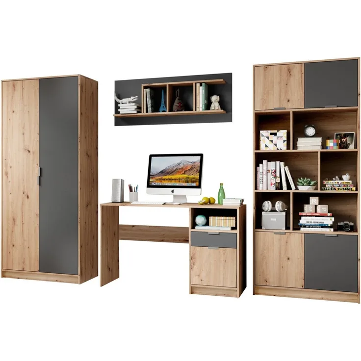 Jugendzimmer 4tlg. Kinderzimmer Schrank Regal Hängeregal KARLA Artisan Eiche