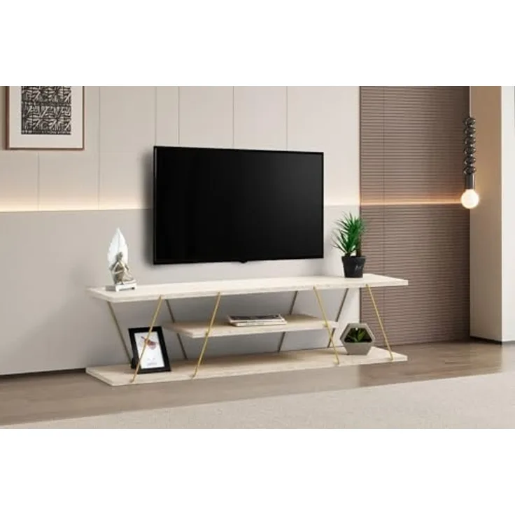 TV-Ständer, 'Canaz', 33 x 30 x 120, Travertin , Gold