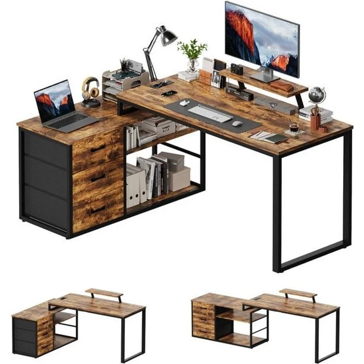 Furnicopia Eckschreibtisch 140cm mit Monitorarm, Computertisch mit drehbarer Tischplatte (Flexibel und schwenkbar, mit Steckdosen (2 Steckdosen + 2 USB-Anschlüsse), 3 großen Schubladen, 2 Ablageflächen) – Bild 4