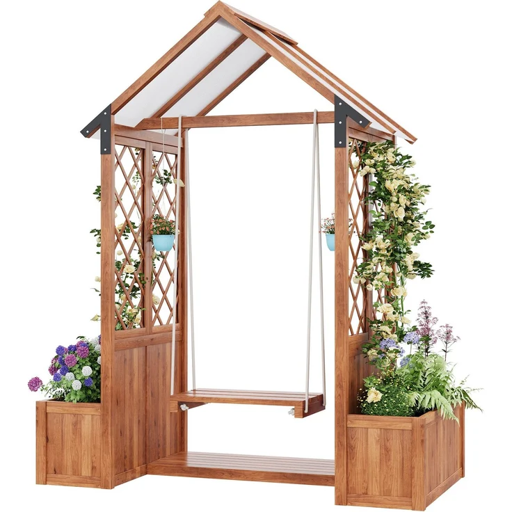 Spalier mit Blumenkasten und Schaukel, Holz-Pflanzengitter, Pflanzkasten, Rankgitter, Rankhilfe – Bild 1