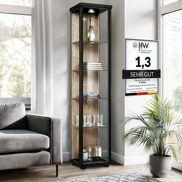 K-Möbel Glasvitrine C1014 (Glasvitrine (176x37x33 cm) mit 1 Glastür) Glasvitrine stehend – Bild 1