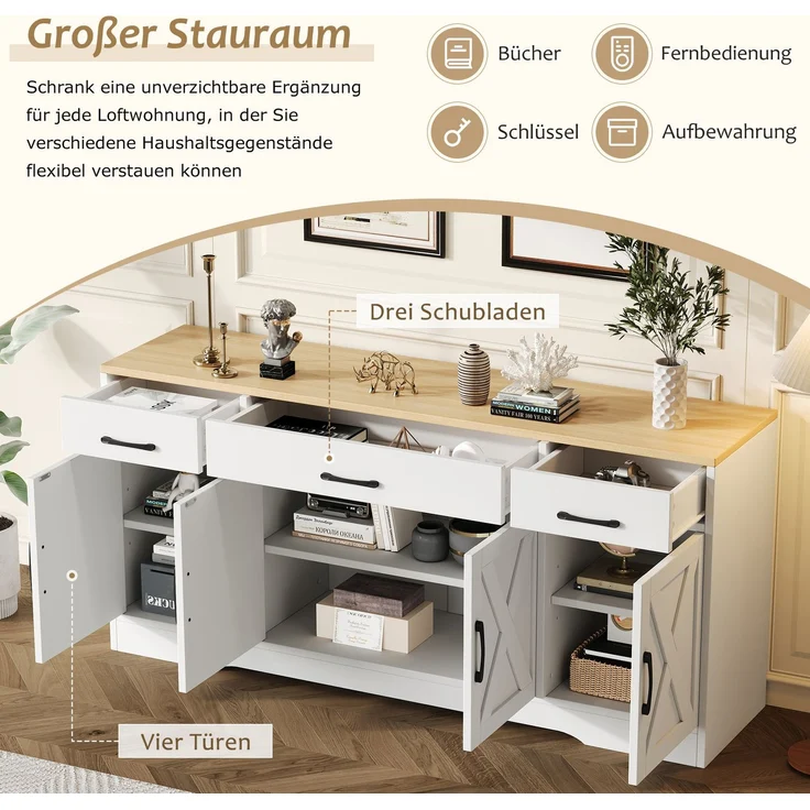 DESVIAE Sideboard aus MDF mit 3 Schubladen und 4 Türen, 160x75x37 cm, Weiß – Bild 4