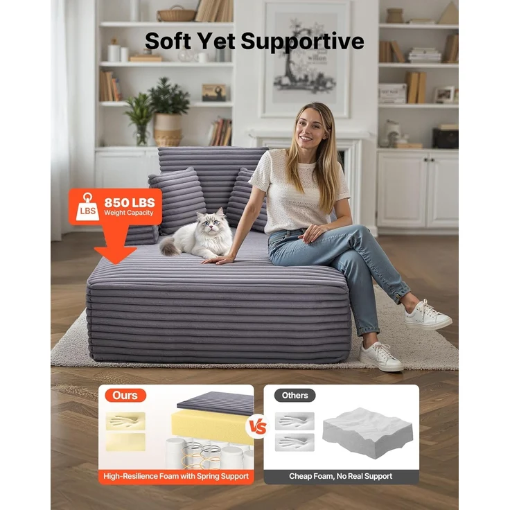 VEVOR Chaiselongue Relaxliege 138 cm, gepolstertes Schlafsofa mit Dekokissen & Armlehnen, Schlafcouch mit tiefer Sitzfläche für Wohnzimmer Schlafzimmer, Loungesessel aus hochelastischem Schwamm – Bild 6