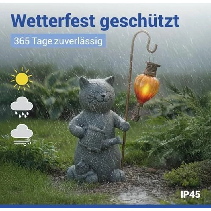 Maximex Solar Gartenfigur Katze mit LED-Heißluftballon, Solar Tierfigur mit warmem, flackerndem Licht, wetterfest, für Garten, Balkon und Terrasse, 16 x 26,5 x 15 cm, Polyresin – Bild 4