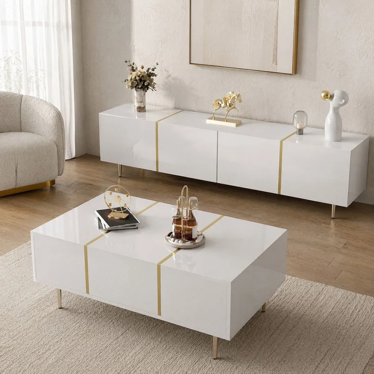 DESVIAE TV-Schrank und Couchtisch im Set, MDF, Weiß Hochglanz, 170x46x35 cm / 100x41,5x60 cm, mit Stauraum – Bild 1