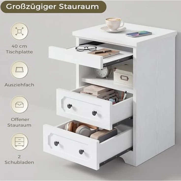IRONCK Nachttisch 2er Set, Moderne Nachtkonsole mit 2 Schubladen, Offenem Fach, Beistelltisch mit Herausziehbarer Ablage, Holz-Nachttisch für Schlafzimmer, Wohnzimmer, Weiß – Bild 3