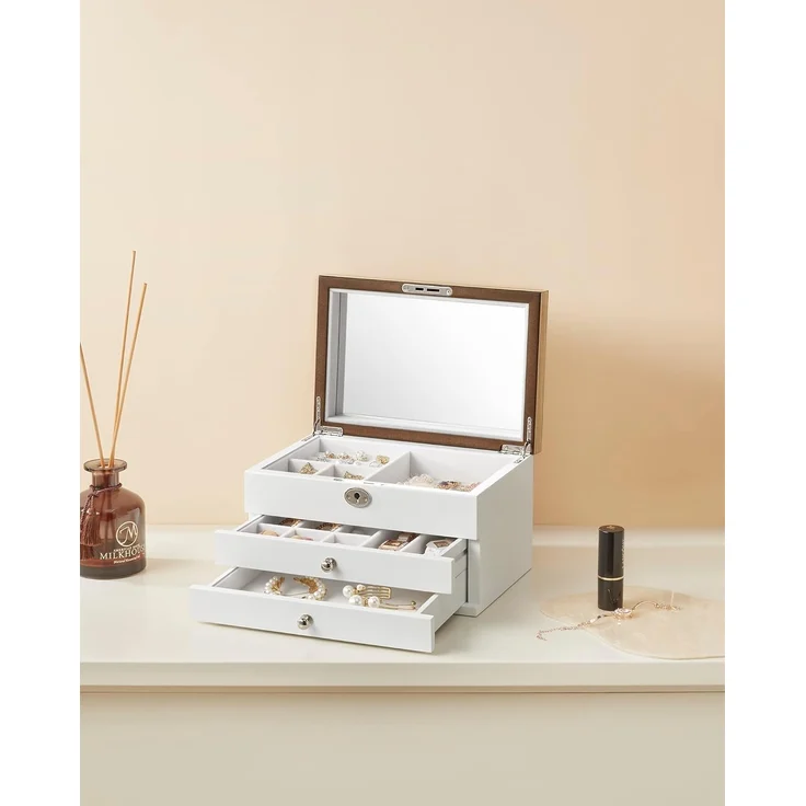 Songmics Schmuckkästchen mit großem Spiegel, abschließbar, MDF weiß-holzfarben, 15 x 17 x 25 cm – Bild 8