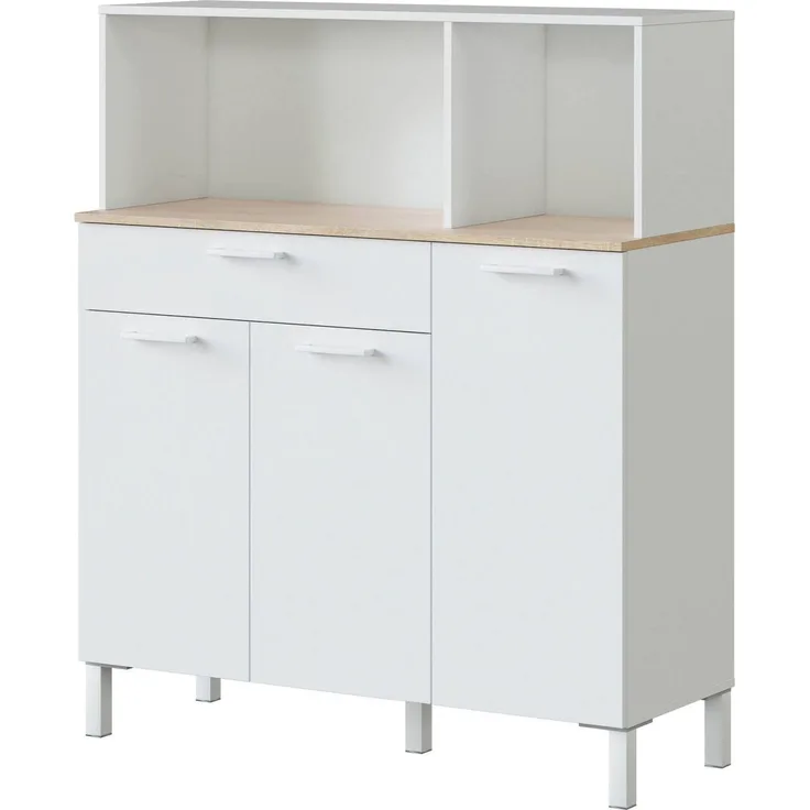 Dmora Kommode Angstrom, zusätzlicher Küchenschrank, Sideboard mit 3 Türen und 1 Schublade mit Regalen, offener Kleiderschrank, 108 x 40 x 126 cm, Weiß und Eiche