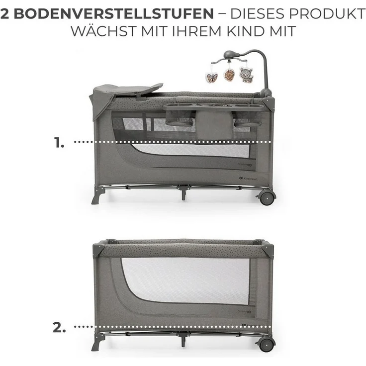 Kinderkraft Joy 2 Acc Kinderbett, 3 in 1 Kinderreisebett, Babybetten, Kinderbett, Reisebett, Modernes Design, Kleine Abmessungen nach Zusammenklappe, Praktisches Zubehör, Räder, Dunkelgrau – Bild 3