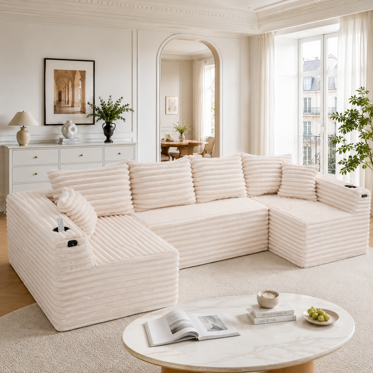 EINHOM U-förmiges Cord-Sofa mit Getränkehaltern und Seitentaschen, Federkernpolsterung, 4 Rückenkissen und 2 Zierkissen. Ergonomisch geformt für angenehmes langes Sitzen – ideal für Wohnung und Wohnzimmer