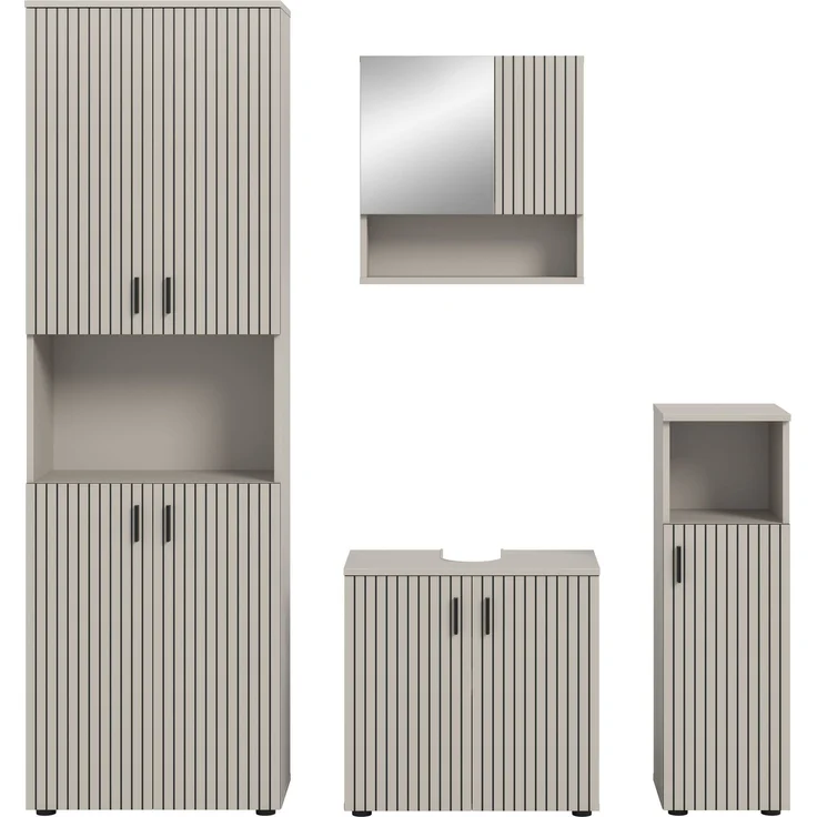 xonox. home – Badkombination Mone 180 x 192 x 30 cm in Kaschmir Nachbildung – 4-teiliges Set inkl. 2 Badschränken, Waschbeckenunterschrank & Spiegelschrank – Großzügiges Möbel-Set für perfekte Ordnung – Bild 2