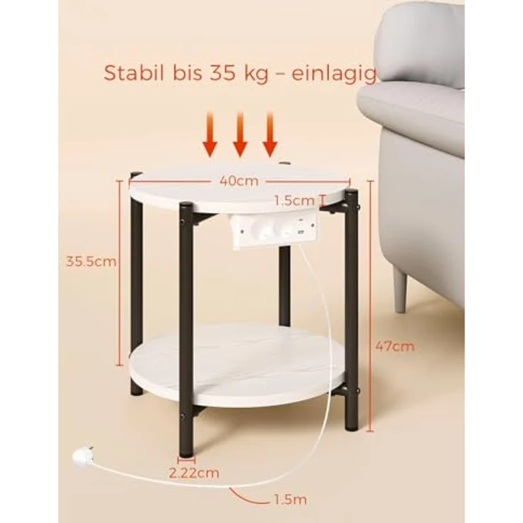 IRONCK Beistelltisch rund, Couchtisch mit Steckdose, Kleiner Tisch Holz, Wohnzimmertisch 2 Ablagen,Sofatisch,USB & Type-C-Anschluss, Metallrahmen, Nachttisch für Schlafzimmer (Weiß, 1 Stück) – Bild 4