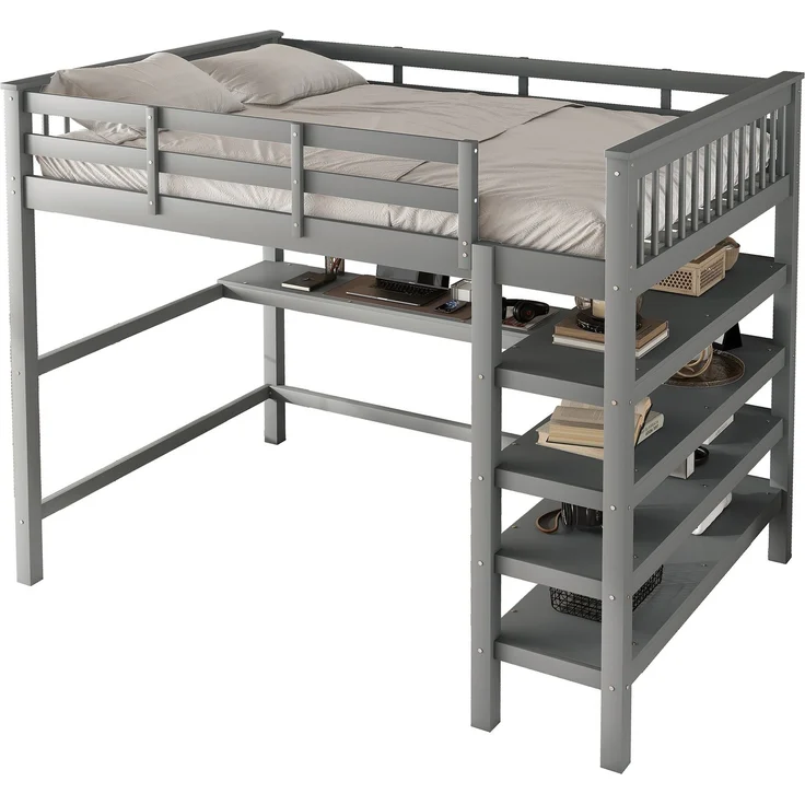Hochbett 140x200 cm Kinderhochbett mit Schreibtisch, Ablagefächern, Kiefernholz + MDF, Grau, sichere Leiter – Bild 6