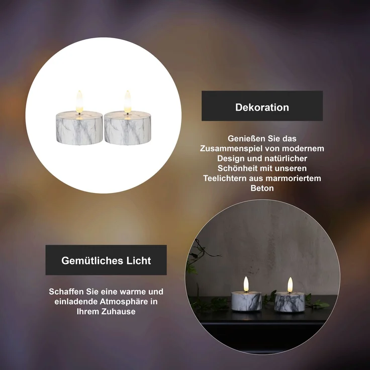 Beton-Kerzen ,Flamme Marble', 2er Set Teelichter in Marmor-Optik, Batterie + Timer, warmweiß, Ø 5,5cm – Bild 4