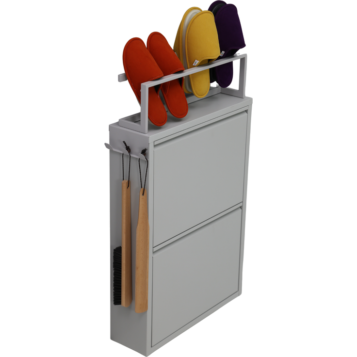 Schuhkipper mit Zubehör, Grau, 2 Klappen 52x15x85,5 cm, Pantoffelregal, Hakenleiste – Bild 7