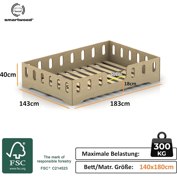 smartwood Kinderbett Bodenbett 140x180 mit Rausfallschutz & Lattenrost - Rosa - Kinder Montessori Bett TILA 2 mit glatten Kanten - Betten für schnelle Montage - Bis 300 kg belastbar – Bild 2