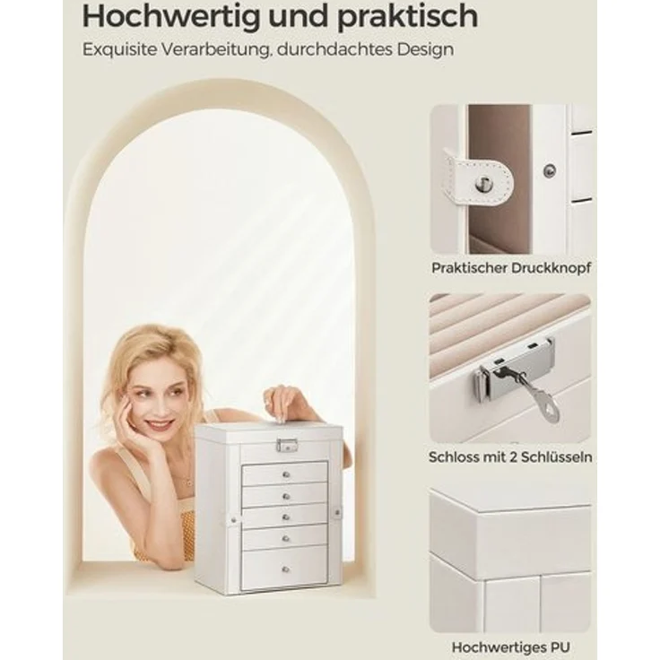 Songmics Schmuckkasten, Schmuckschatulle mit 6 Ebenen & seitlichen Klapptüren, MDF Natur, 15,6 x 26 x 32 cm – Bild 4