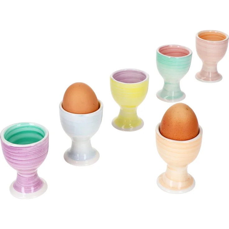 6er Set Pastello Eierbecher Frühstück Brunch Buffet Steingut bunt Strudeldekor
