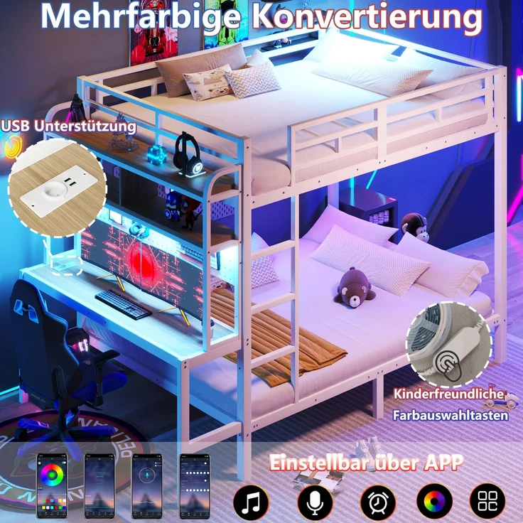 Etagenbett, 140x200 cm, Eisenrahmen, Ablagefach, Schreibtisch, mit LED-Lichtleiste, USB-Anschluss, Sicherheitsgeländer, Leiter, ohne Matratze, Weiß – Bild 6