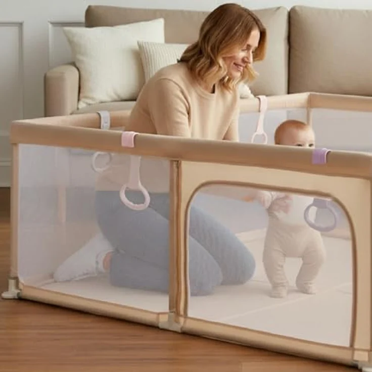 sun baby Laufstall mit rosa Griffen 150x200 cm 0-2 Jahre Beige, Polyester, Netzwände, Eingang mit Reißverschluss, rutschfeste Füße, Tragetasche im Set, Metallrahmen – Bild 7