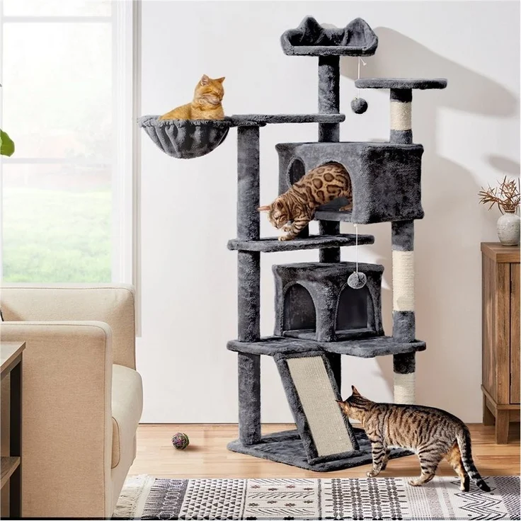 Yaheetech Kratzbaum 146 cm (H), Plüsch Kletterbaum Katzenbaum, mit 3 Aussichtsplattformen, für kleine und mittelgroße Katzen – Bild 2