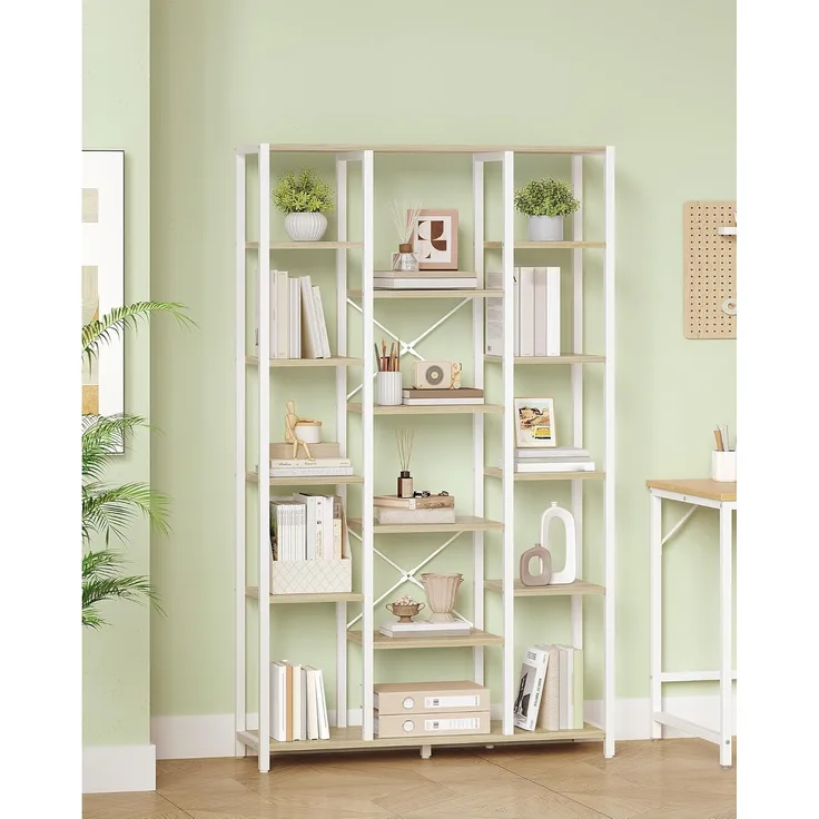 Bücherregal, Standregal mit 6 Ebenen 15 Ablagen, Verstellbare offene Ablagen, für Wohnzimmer, Büro, Schlafzimmer, 30 x 70 x 170cm, Weißeiche und Weiß