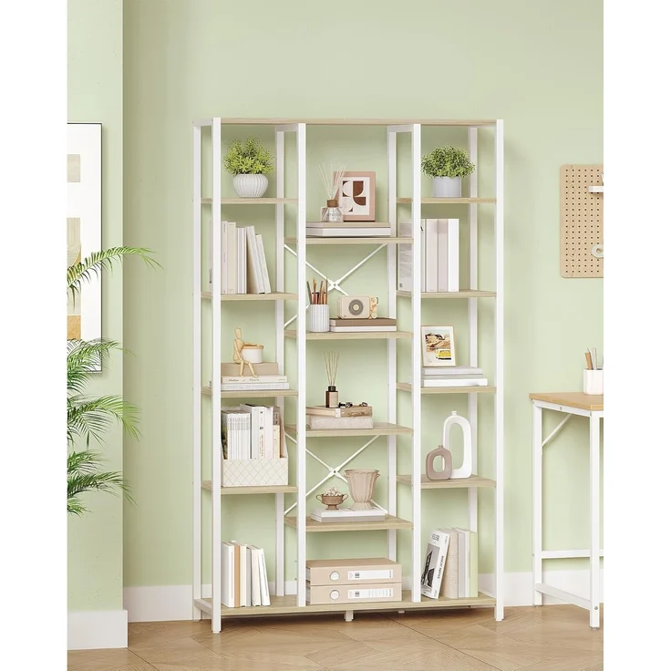 Bücherregal, Standregal mit 6 Ebenen 15 Ablagen, Verstellbare offene Ablagen, für Wohnzimmer, Büro, Schlafzimmer, 30 x 70 x 170cm, Weißeiche und Weiß – Bild 1