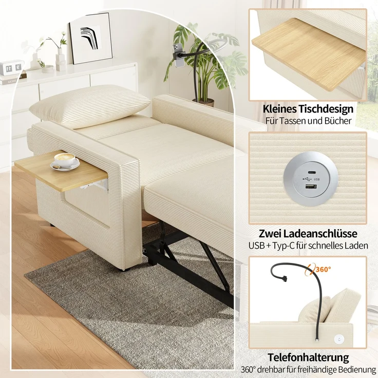 Multifunktionales faltbares Schlafsofa mit USB-Ladeanschluss und Handyhalter, 1-Sitzer Relaxsessel Sofa Bett umwandelbar, platzsparend für Wohnzimmer und Schlafzimmer, Cord Stoff, Beige – Bild 6