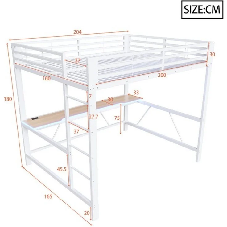 Merax Hochbett mit LED-Beleuchtung & USB-Ladestation (Jugendbett Einzelbett Mehrzweckbett, 1-St) Metallbett Kinderbett 160x200 cm mit Schreibtisch Leiter & Schutzgitter – Bild 4