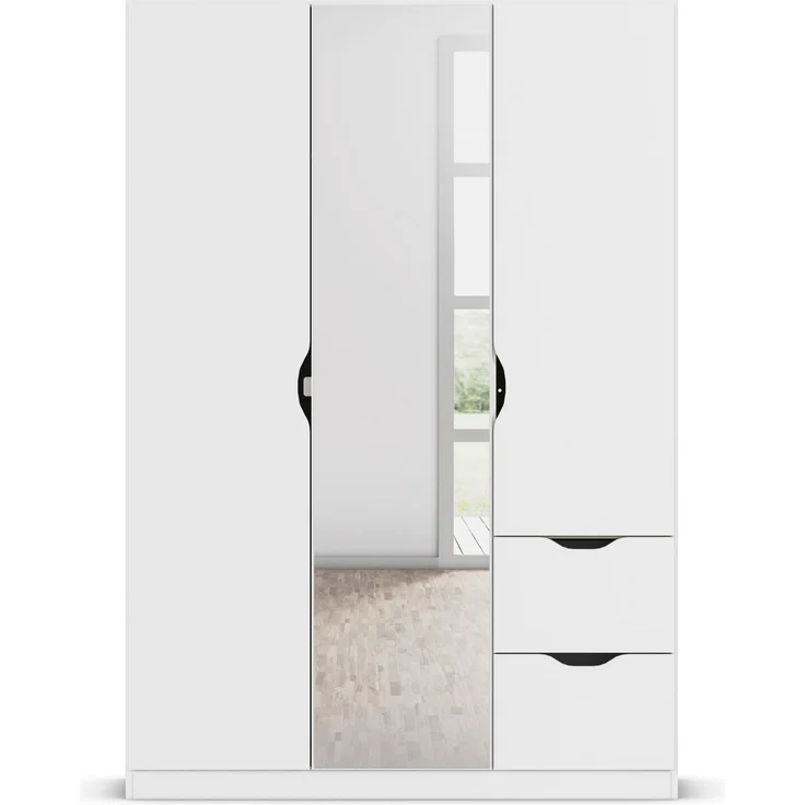 rauch Freiham, Kleiderschrank, 3-türig, 1 Spiegeltüre, 2 Schubladen, mit 3 Einlegeböden, 1 Kleiderstangen, Farbe Weiß, BxHxT 136x197x54 cm – Bild 2