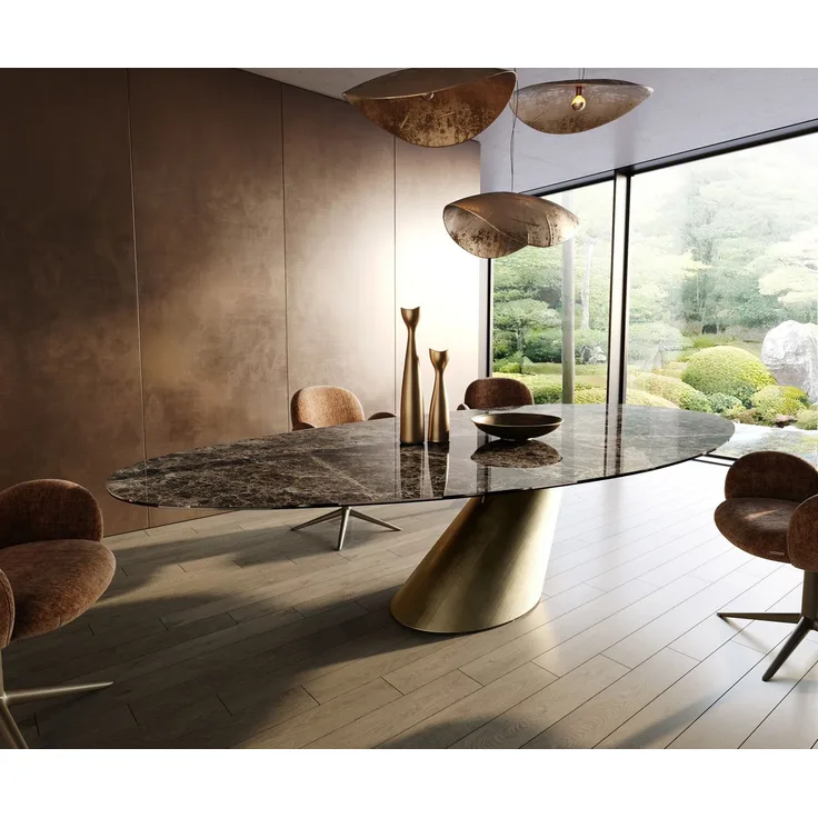 Esstisch Edge Oval 315x150 cm Keramik Emperador Extra Lucidato Dunkelbraun Cono Metallic Gold