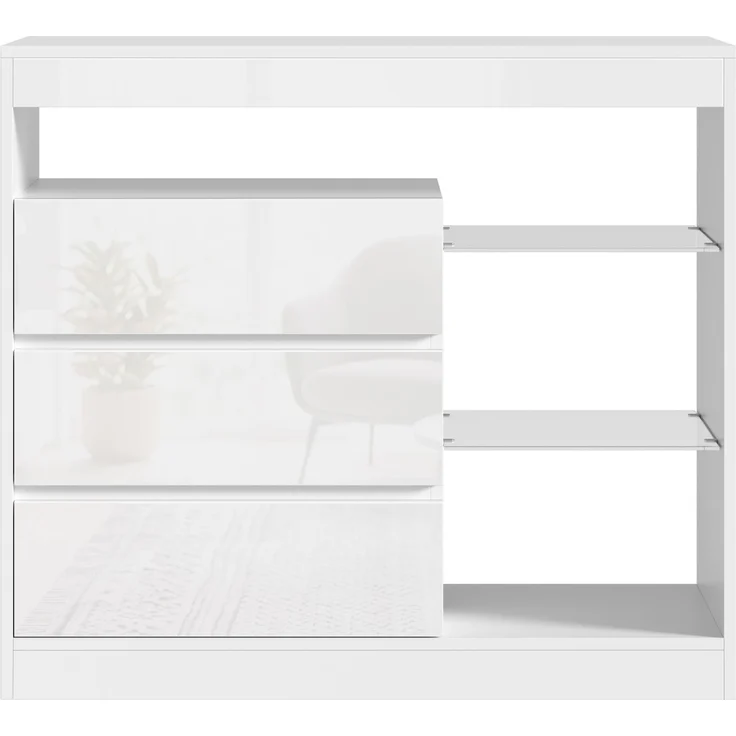 Sideboard 90 x 35 x 80 cm mit 3 Schubladen, Glasböden und LED-Beleuchtung – Weiß Hochglanz – Bild 6