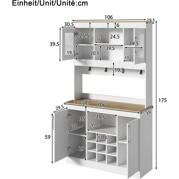 EINHOM Küchenbuffet Buffetschrank mit Aufsatz 175 cm, Küchenschrank mit Glastüren, Weinregal und Hakenleiste, Großer Geschirrschrank Vorratsschrank Küchenschrank für Küche Esszimmer Wohnzimmer – Bild 2