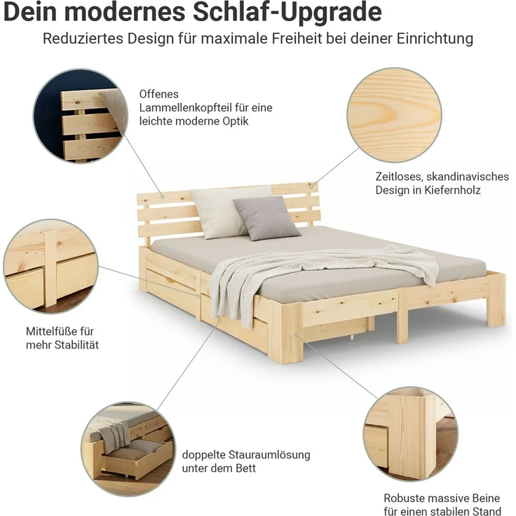 Holzbett 140x200 cm mit Federkernmatratze & 2 Bettkästen Doppelbett Bett Holzbettrahmen Natur Massiv Holz Lattenrost – Bild 5
