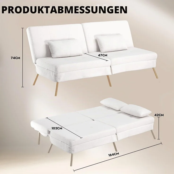 COMHOMA Schlafsofa mit Schlaffunktion, Sofa überzug Futon Klappsofa, Bettcouch, ecksofa, Couch Gästebett, 3-Sitzer Sofa, mit verstellbare Rückenlehne aus Teddystoff Weiß – Bild 3