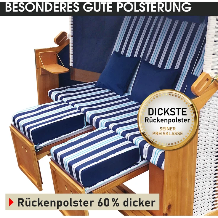 BRAST Strandkorb Usedom 3-Sitzer XXL für 2-3 Personen 165cm breit inkl. wetterfeste Abdeckhaube verstellbare Rückenlehne Fußkissen Hellblau - gestreift – Bild 10