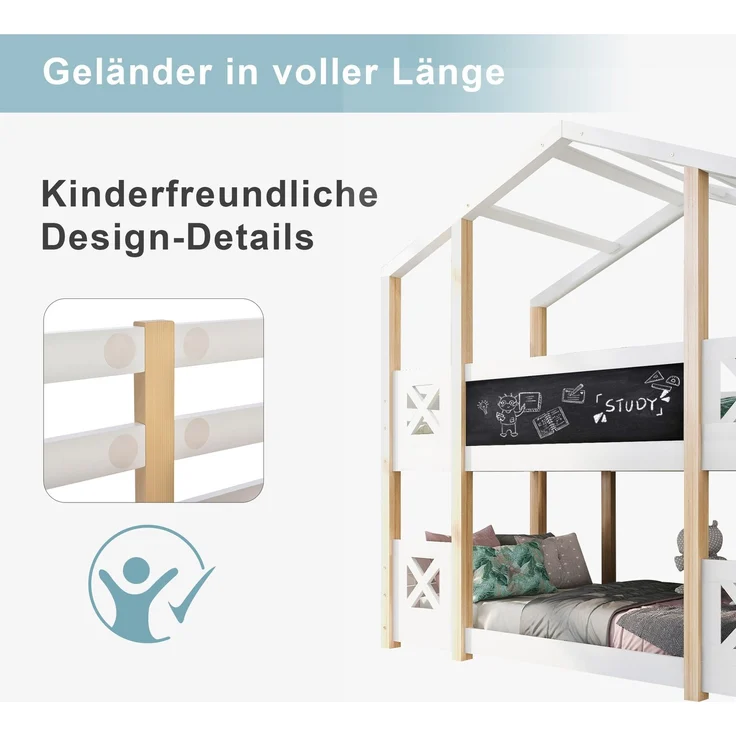 Etagenbett 90 x 200 cm,Kinderbett Baumhaus mit Treppe Stauraum und Rausfallschutz, Hochbett für Kinder– 2x Lattenrost- Natur & Weiß – Bild 6